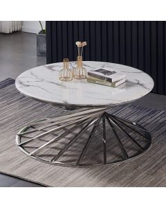 Axon Round Wooden Coffee Table In White Marble Effect With Siiver Frame