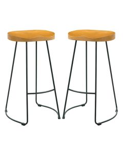 Bailey Pine Wood Seat Bar Stools In Pair With Black Metal Legs