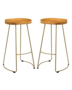 Bailey Pine Wood Seat Bar Stools In Pair With Golden Metal Legs