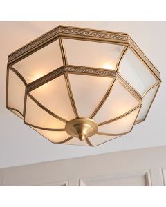 Balfour Frosted Glass 4 Lights Semi Flush Ceiling Light In Antique Brass