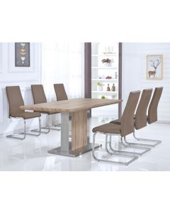Belize Wooden Dining Set In Natural With Stainless Steel Base And 6 Chairs