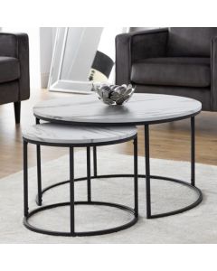 Bellini Round Wooden Set Of 2 Coffee Tables In White Marble Effect