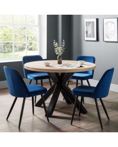 Berwick Round Wooden Dining Table In Oak With 4 Burgess Blue Chairs