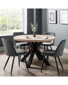 Berwick Round Wooden Dining Table In Oak With 4 Burgess Grey Chairs