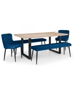 Berwick Wooden Dining Table In Oak With 2 Luxe Benches And 2 Blue Chairs