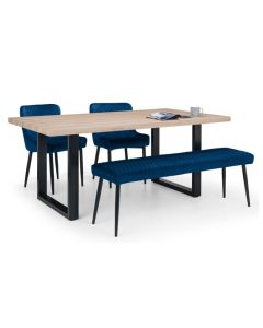Berwick Wooden Dining Table In Oak With Luxe Bench And 2 Blue Chairs