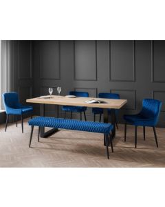 Berwick Wooden Dining Table In Oak With Luxe Bench And 4 Blue Chairs