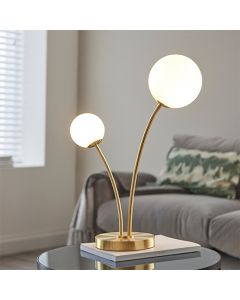 Bloom Opal Glass Sphere Shades 2 Lights Table Lamp In Satin Brass