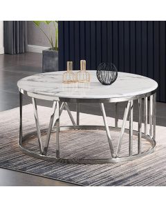 Bonita Round Wooden Coffee Table In White Marble Effect With Silver Frame