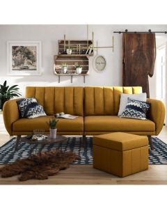 Brittany Linen Fabric Sofa Bed In Mustard With Wooden Legs