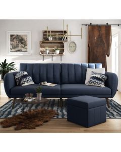 Brittany Linen Fabric Sofa Bed In Navy Blue With Wooden Legs