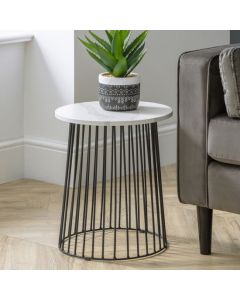 Broadway Round Wooden Lamp Table In White Marble Effect