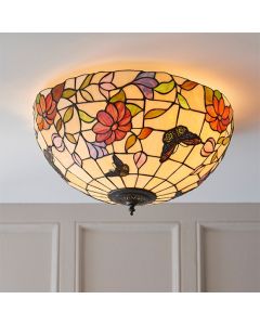 Butterfly Large 2 Lights Flush Ceiling Light In Tiffany Art Glass