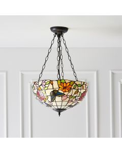 Butterfly Medium Inverted Tiffany Art Glass 3 Lights Ceiling Pendant Light In Dark Bronze