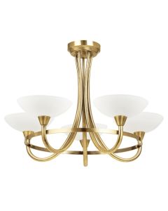 Cagney 5 Lights Matt White Glass Semi Flush Ceiling Light In Antique Brass