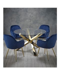 Capri Clear Glass Dining Set With 4 Lara Blue Velvet Chairs
