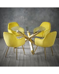 Capri Clear Glass Dining Set With 4 Lara Yellow Velvet Chairs