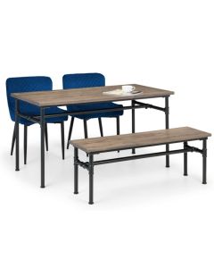 Carnegie Dining Table In Mocha Elm With Bench And 2 Luxe Blue Chairs