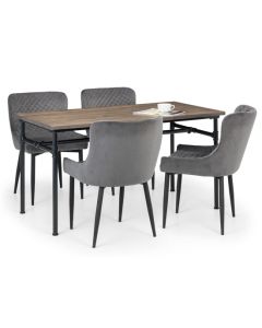 Carnegie Wooden Dining Table In Mocha Elm With 4 Luxe Grey Chairs