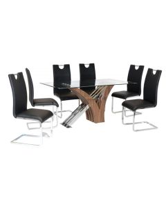 Caspian Clear Glass Dining Set With Walnut Legs And 6 Chairs