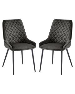 Signature Grey Velvet Dining Chairs With Black Metal Legs In Pair