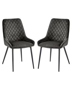 Signature Grey Velvet Dining Chairs With Black Metal Legs In Pair