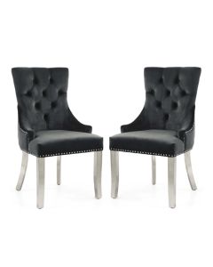 Chester Black Velvet Dining Chairs In Pair With Polished Stainless Steel Legs