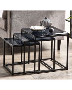 Chicago Smoked Glass Nest Of 3 Tables With Black Frame