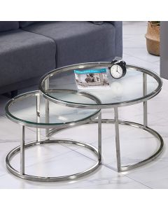 Avalon Clear Glass Set Of 2 Coffee Tables With Silver Base