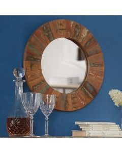 Coastal Large Round Wall Mirror In Reclaimed Wood Wooden Frame