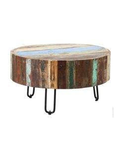 Coastal Round Wooden Drum Coffee Table In Vintage Oak
