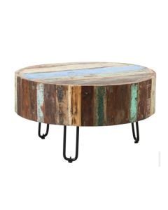 Coastal Round Wooden Drum Coffee Table In Vintage Oak