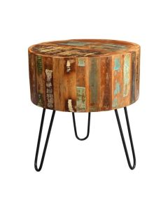Coastal Wooden Drum Side Table In Vintage Oak
