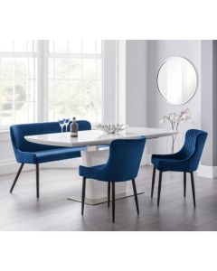 Como Extending Dining Set In White Gloss With Luxe Bench And 2 Blue Chairs