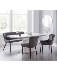 Como Extending Dining Set In White Gloss With Luxe Bench And 2 Grey Chairs