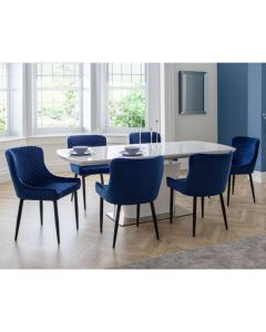 Como Extending White Gloss Dining Table With 6 Luxe Blue Chairs