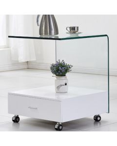 Cresta Clear Glass Lamp Table With White High Gloss Drawer