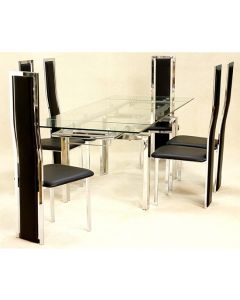 Crystal Extending Clear Glass Dining Set With 6 Trinity Chairs