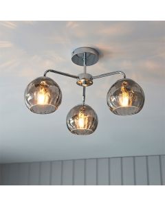 Dimple Smokey Glass Shades 3 Lights Semi Flush Ceiling Light In Polished Chrome