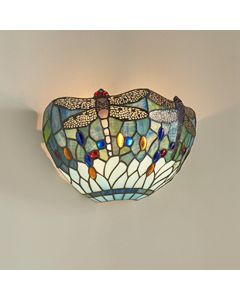 Dragonfly Blue Tiffany Glass Wall Light In Matt Black