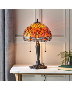 Dragonfly Flame Tiffany Glass Small Table Lamp In Dark Bronze