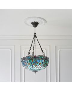 Dragonfly Large Inverted Blue Tiffany Glass 3 Lights Ceiling Pendant Light In Dark Bronze