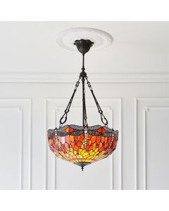 Dragonfly Large Inverted Flame Tiffany Glass 3 Lights Ceiling Pendant Light In Dark Bronze