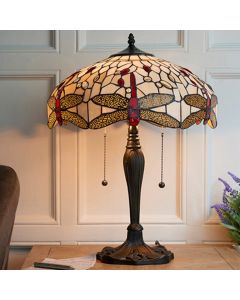 Dragonfly Medium Beige Tiffany Glass Table Lamp In Dark Bronze