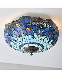 Dragonfly Medium Blue 2 Lights Flush Ceiling Light In Tiffany Glass