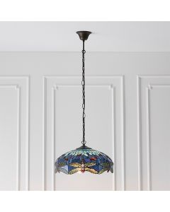 Dragonfly Medium Blue Tiffany Glass 3 Lights Ceiling Pendant Light In Dark Bronze