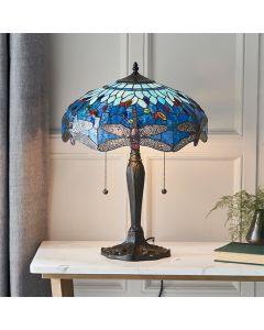 Dragonfly Medium Blue Tiffany Glass Table Lamp In Dark Bronze