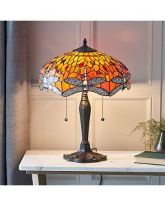 Dragonfly Medium Flame Tiffany Glass Table Lamp In Dark Bronze