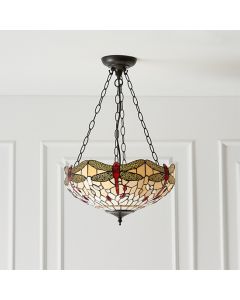 Dragonfly Medium Inverted Beige Tiffany Glass 3 Lights Ceiling Pendant Light In Dark Bronze