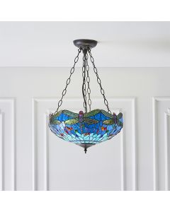 Dragonfly Medium Inverted Blue Tiffany Glass 3 Lights Ceiling Pendant Light In Dark Bronze